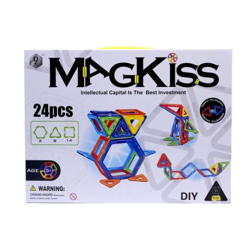 MagKiss 24 piece magnetic building toy set, includes triangles, squares, and hexagons