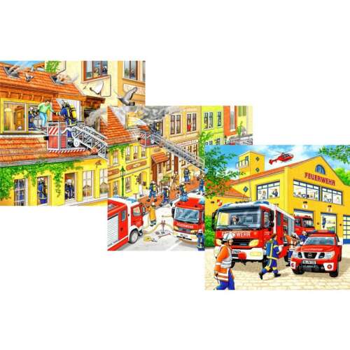 Ravensburger Tűzoltók 3 x 49 darabos puzzle, három jelenettel a tűzoltók munkájáról