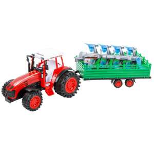 Red plastic toy tractor with plow and trailer, 52 cm - Work machine for children