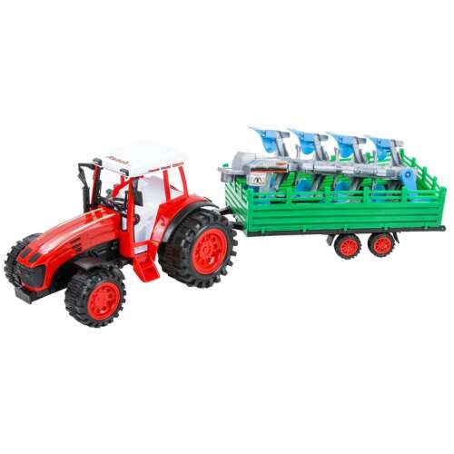 Red plastic toy tractor with plow and trailer, 52 cm