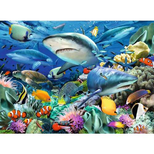 Ravensburger Puzzle Zaljev morskih pasa Ocean, 100 dijelova, živopisni podvodni prizor s morskim psima i šarenim ribama