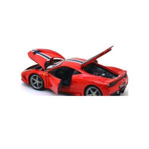 Bburago 1/18 méretarányú Ferrari 458 Speciale modell autó piros színben, fehér és kék versenycsíkokkal, nyitott ajtókkal és motorháztetővel - Bburago