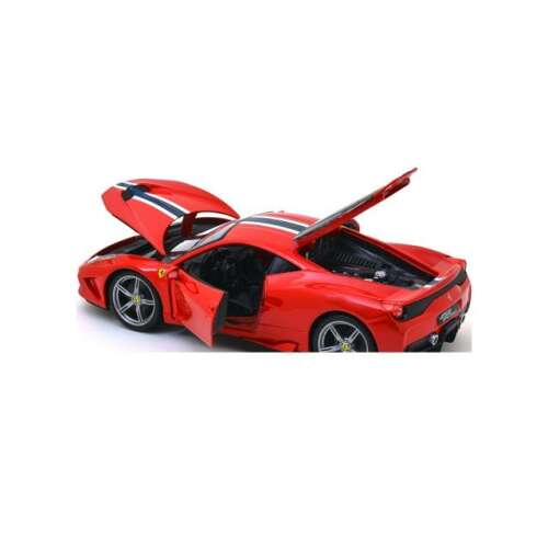 Bburago 1/18 méretarányú Ferrari 458 Speciale modell autó piros színben, fehér és kék versenycsíkokkal, nyitott ajtókkal és motorháztetővel