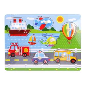 Wooden puzzle for toddlers with different vehicles, including a fire truck, police car, school bus, airplane, helicopter, hot air balloon, and a boat - Baby Puzzle