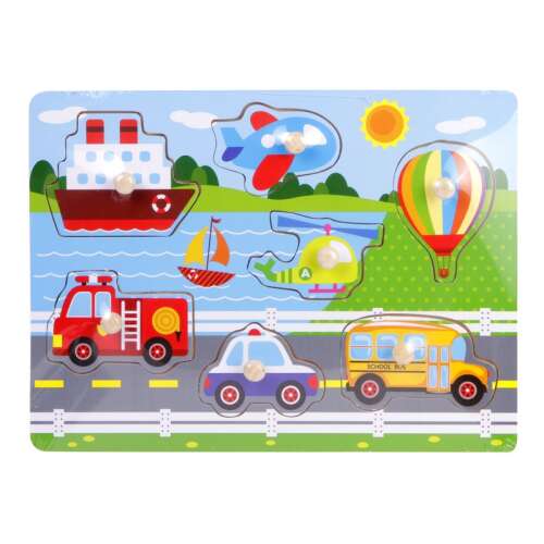 Wooden puzzle for toddlers with different vehicles, including a fire truck, police car, school bus, airplane, helicopter, hot air balloon, and a boat