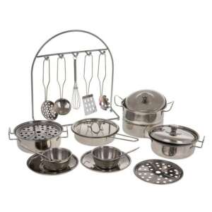 Metal play kitchen set with pots, pans, utensils, and a stand - Toy kitchen tool
