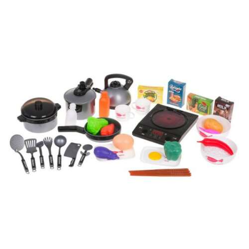 Play kitchen set with induction stove, pots, pans, utensils, and food accessories