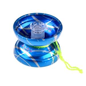 Blue metal yoyo with silver accents and a green string - Ramiz