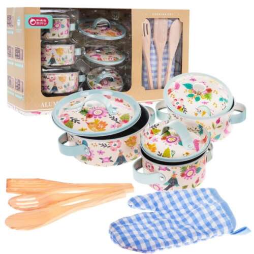 Aluminum Cookware Set with Flower Pattern, Wooden Spoons, and Oven Mitt