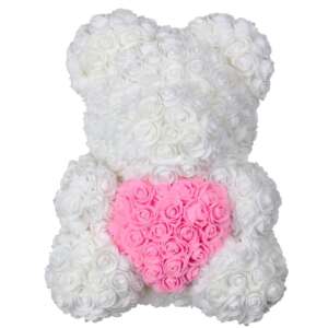 Fehér rózsaszín szívvel díszített rózsa maci, 40 cm, örök rózsa maci, ajándék Valentin-napra, évfordulóra, születésnapra - Ajándék ötlet Valentin-napra