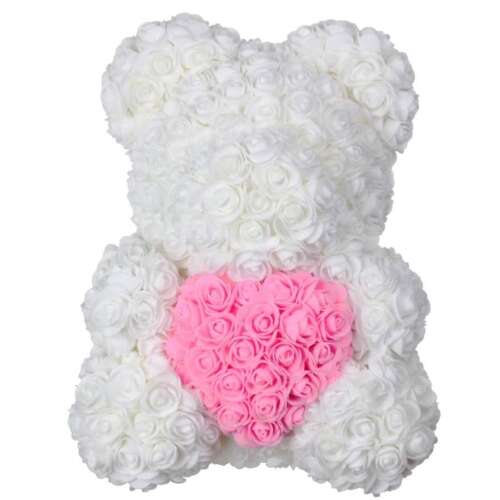 Fehér rózsaszín szívvel díszített rózsa maci, 40 cm, örök rózsa maci, ajándék Valentin-napra, évfordulóra, születésnapra
