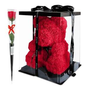 Rózsa maci, 40 cm, ajándékdobozban, egy szál rózsával - Ajándék ötlet Valentin-napra