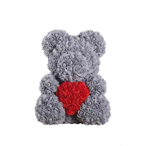 Rózsa maci, örök virág maci 40 cm - szürke piros szívvel - díszdobozzal
