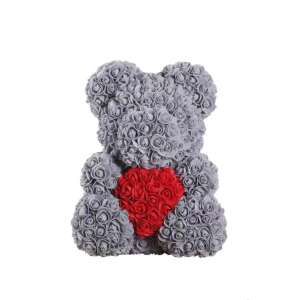 Szürke rózsa maci piros szívvel, 40 cm, örök rózsa maci, ajándék Valentin-napra, évfordulóra, születésnapra, esküvőre, ballagásra, anyák napjára, baba születésére, karácsonyra - Ajándék ötlet Valentin-napra