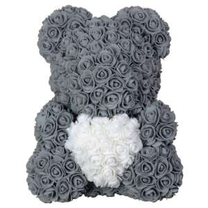 Szürke rózsa maci fehér szívvel, 40 cm, örök rózsa maci, ajándék Valentin-napra, évfordulóra, születésnapra - Ajándék ötlet Valentin-napra