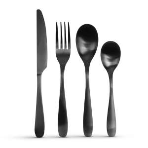 Schwarzes Besteckset aus Edelstahl, enthält Messer, Gabel, Suppenlöffel und Teelöffel - Besteck-Sets