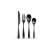 Black stainless steel cutlery set, includes knife, fork, tablespoon, and teaspoon