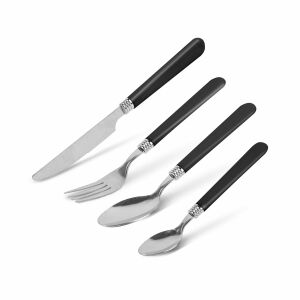 Bewello black handle cutlery set, knife, fork, spoon, teaspoon on white background - Cutlery