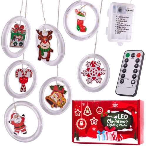 Luminițe LED pentru perdea de Crăciun cu 10 ornamente, telecomandă, 3 m lungime, funcționează cu baterii
