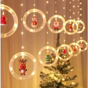 Karácsonyi Fényfüzér 10 Db Gyűrűvel, 5 Féle Dísszel – Lógó Ablakdísz 110LED, 3M, Melegfehér (INSTSLATIE CERCURI)
