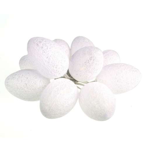 Fehér tojás alakú pamut golyó fényfüzér, 10 LED, elemmel működő, beltéri és kültéri használatra