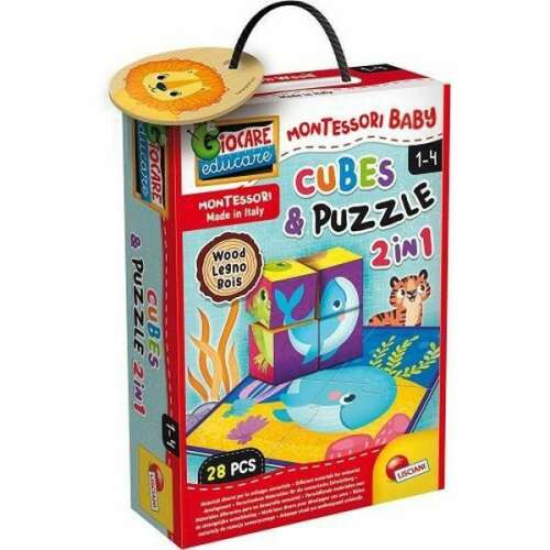 Lisciani Montessori Baby Kockák és Puzzle 2 az 1-ben, fa játék babáknak és kisgyermekeknek, 28 darab, 1-4 éves korig