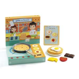 Djeco Pancake Play Set, wooden toy kitchen set with pan, stove, and food pieces, pretend play for kids - Toy kitchen tool