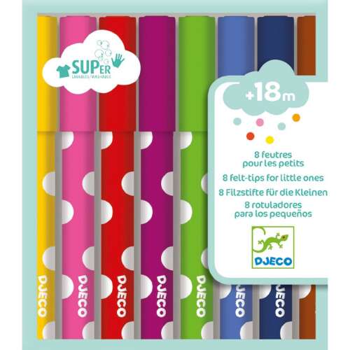 Djeco washable felt-tip pens, 8 colors, for little ones, 18 months+