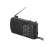 Black SAL pocket radio with telescopic antenna, AM/FM bands, and headphone jack