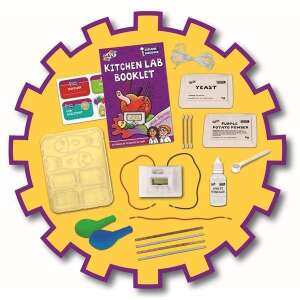 Galt Kitchen Lab STEM kit contents, includes apple clock, purple potato powder, yeast, white vinegar, ice cube tray, balloons, cotton swabs, mixing spoon, string, stickers, and booklet - Science & Discovery Toy