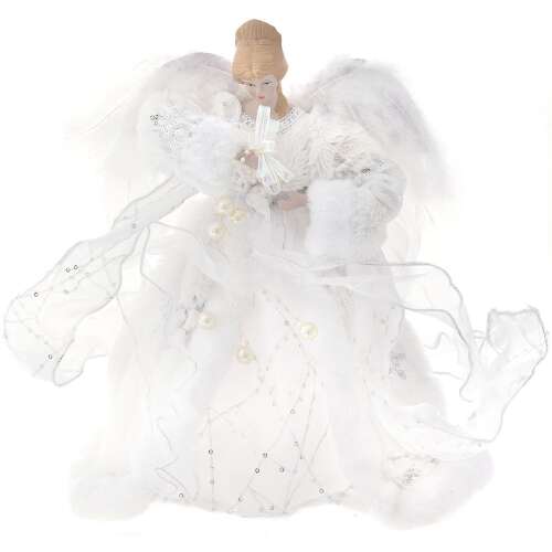 White angel Christmas tree topper with pearls, 30 cm