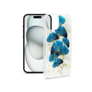 Gold Glam iPhone 15 silicone case with blue leaves and gold accents - Haffner