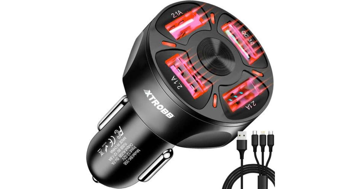 Ładowarka samochodowa z 4 portami USB, kabel wielofunkcyjny Micro USB, Lightning, USB Type-C - 4 x 4 x 7 cm 86219315