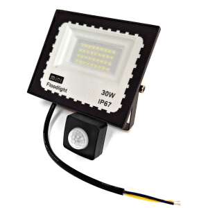 LED halogén projektor 30 W, Welora®, Alumínium + Üveg, Fehér fény (6500 k), Feszültség 220 - 240 V, Fényerő 2100 lm, Mozgásérzékelő, Vízálló IP67, Méretek 13,5 x 11 cm, Fekete