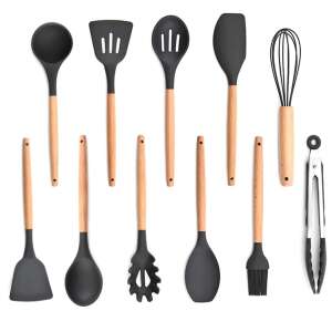 Welora 12 piece kitchen utensil set with stand, black silicone heads and wooden handles, non-scratch, heat resistant, perfect for cooking and baking - Kitchen Tool Set
