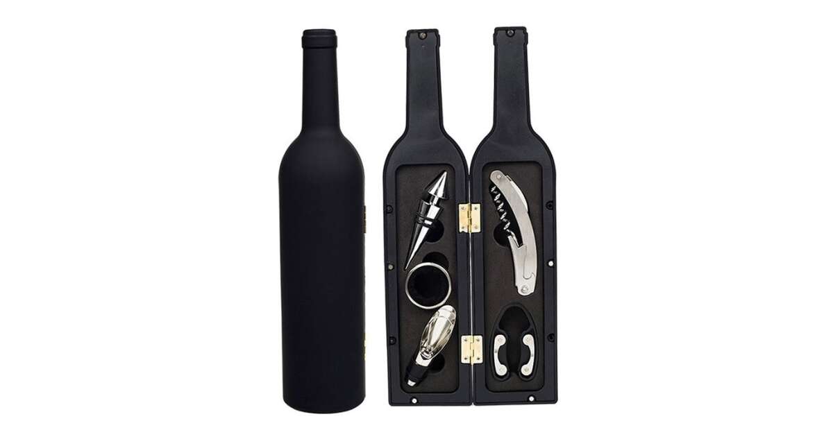 Welora® Corkscrew Set, 5 pcs. Accessories: Corkscrew, Foil Cutter, Bottle Stopper, Drip Ring, Wine Bottle Shaped Case, Size 32.5x7x1.7 cm, Premium Quality, Modern Design, Black 86229700