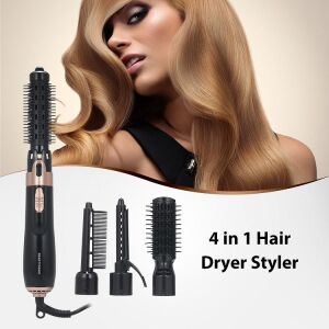 Welora® 4-in-1 Electric Hair Brush, Curling/Drying/Brushing/Straightening, for Straight/Curly/Short/Long Hair, 550W Power, 2 Settings, Fast Heating, Premium Quality, Black/Gold