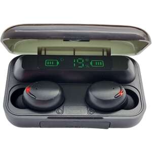 Black wireless earbuds with charging case, digital display showing battery level - Headphone and Bluetooth Speaker