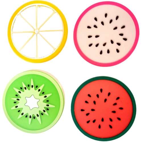 4 db gyümölcs mintás szilikon poháralátét szett, citrom, görögdinnye, kiwi és sárkánygyümölcs