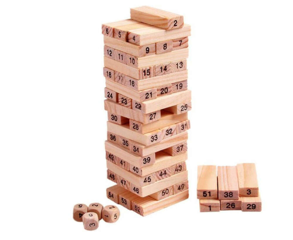 Wiss Toy Mini Jenga - Fa Kockák - 54 db + 4 Dobókocka