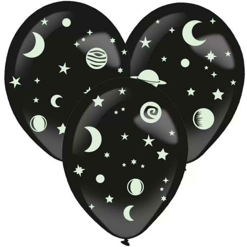 3 db fekete, sötétben világító űr léggömb holddal, csillagokkal, bolygókkal és galaxis mintával