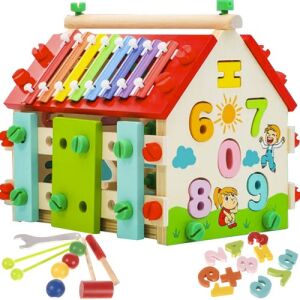 Kruzzel wooden educational house toy with xylophone, shape sorter, and pounding bench - Kruzzel