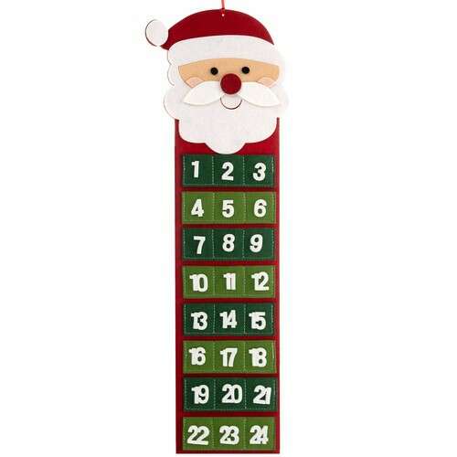Red felt hanging advent calendar with Santa Claus face, 24 numbered pockets