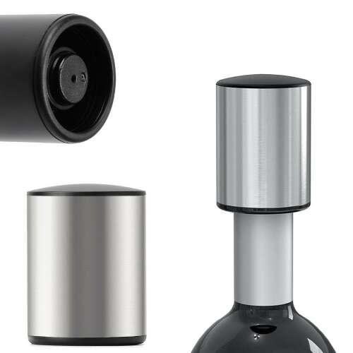 Silver vacuum wine stopper with black top, 3/4 view