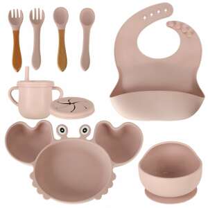 Pink silicone baby feeding set with crab plate, bowl, cup, bib, and utensils - Children's dinnerware set