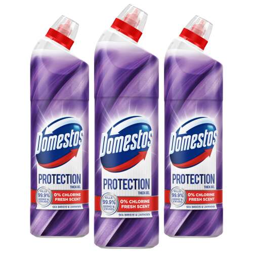 3 balenia Domestos Protection 0% chlóru hustý gél na čistenie toaliet s vôňou morského vánku a levandule