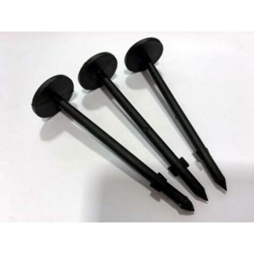 Black plastic ground anchors for securing mole nets, geotextiles, and agro fabrics