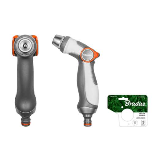 Bradas Smooth Control adjustable watering pistol, grey and orange, with packaging