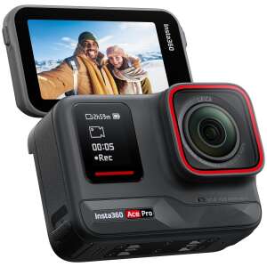 Insta360 Ace Pro action camera with a flip-up screen, showing a couple on a snowy mountain - Insta360