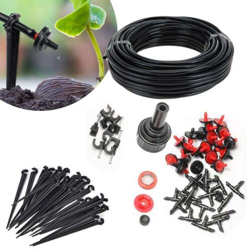 Timeless Tools drip irrigation system for vegetable garden, includes hose, connectors, drippers, and stakes